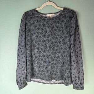 Les Serein Shirt Blouse Large Gray Black Sheer Long Sleeve Floral